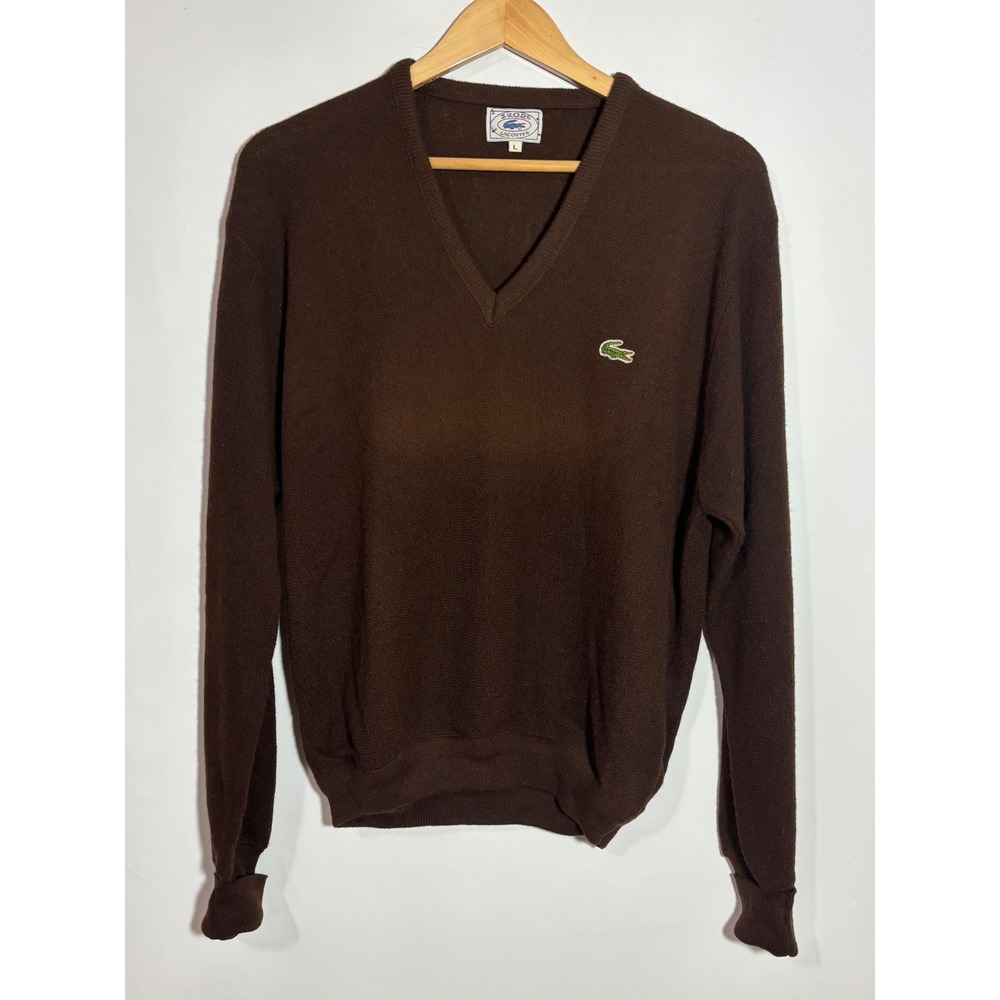 Izod Lacoste Sweater Men L Brown V-Neck Vintage Orlon Acrylic Knit Logo Pullover